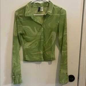 Divided Green Swirl Sheer Pattern Button-Up Top